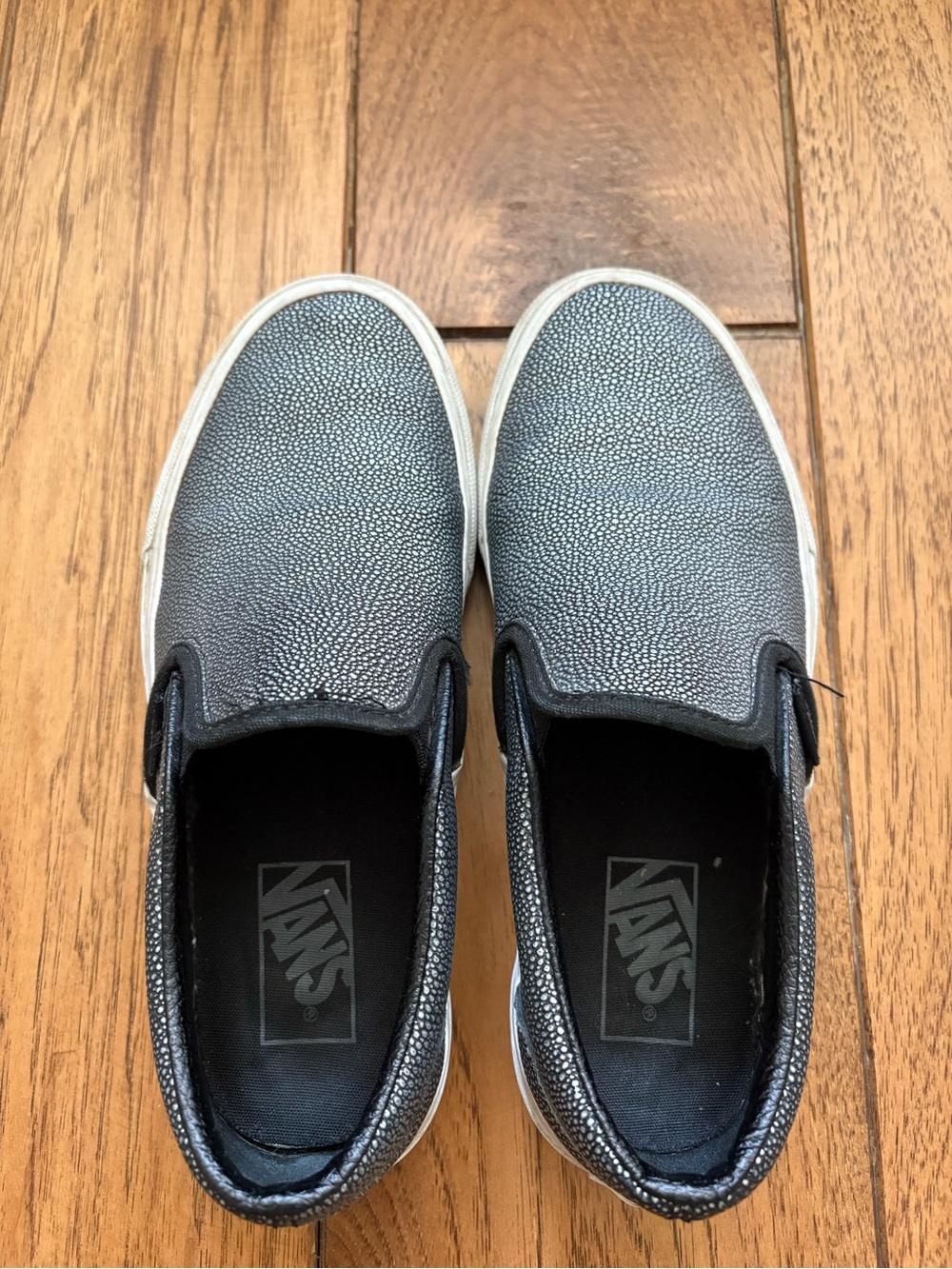 Vans black and gray textured slip ons